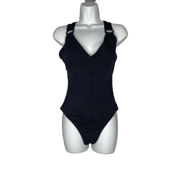 Jessica Simpson V Neck One Piece Tie Back Swimsuit Black Copper Metallic SZ M - Picture 2 of 7